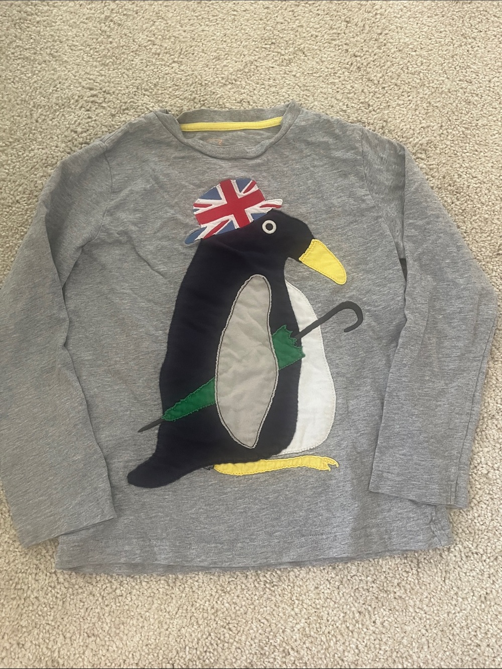 Mini Boden Gray Long-Sleeve Top with Penguin Appliqué
